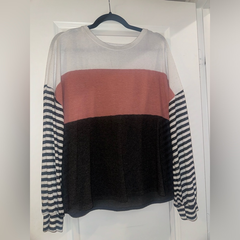 Pink Lily Colorblock Striped Sweater - White, Pink, Black